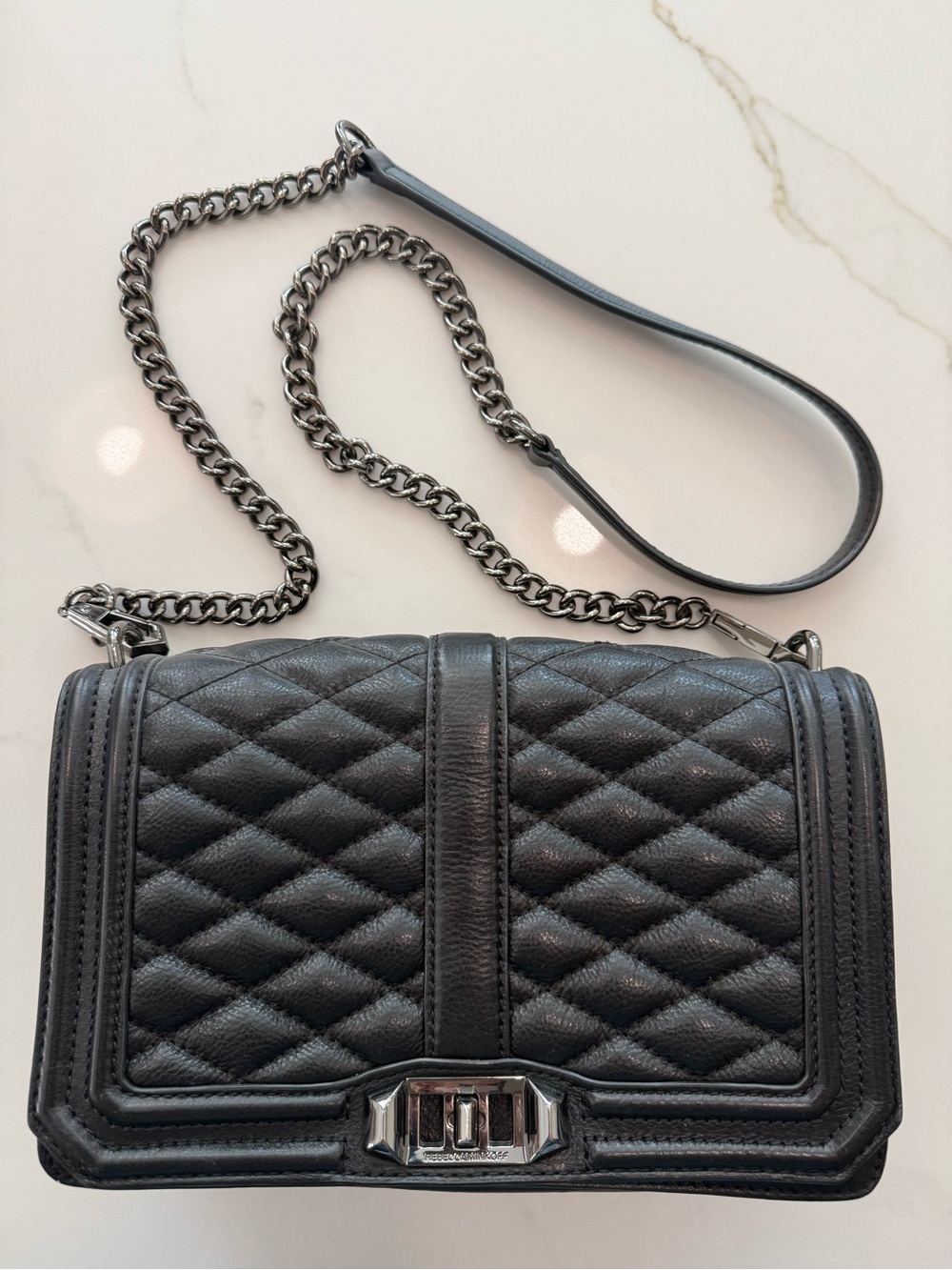 Rebecca Minkoff Love Crossbody Black Leather Gunmetal Quilted Bag